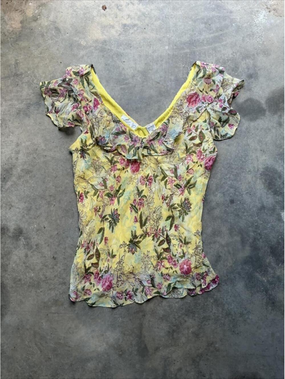 Y2K Yellow Floral Ruffle Blouse | Romantic Cottagecore Fairy Top